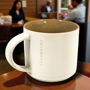 Starbucks 2013 White Stackable Mug Etched Logo Tan Beige Interior 14oz Cream